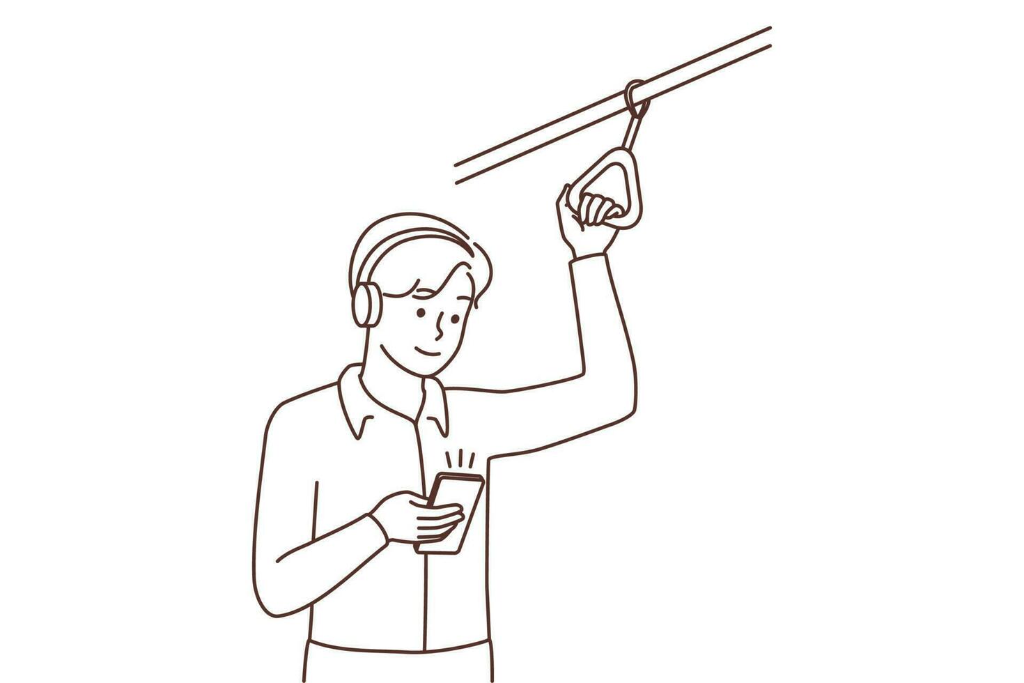 Man in headphones using smartphone in public transport. Male in earphones browsing cellphone riding in bus or metro. Transportation. Vector illustration.