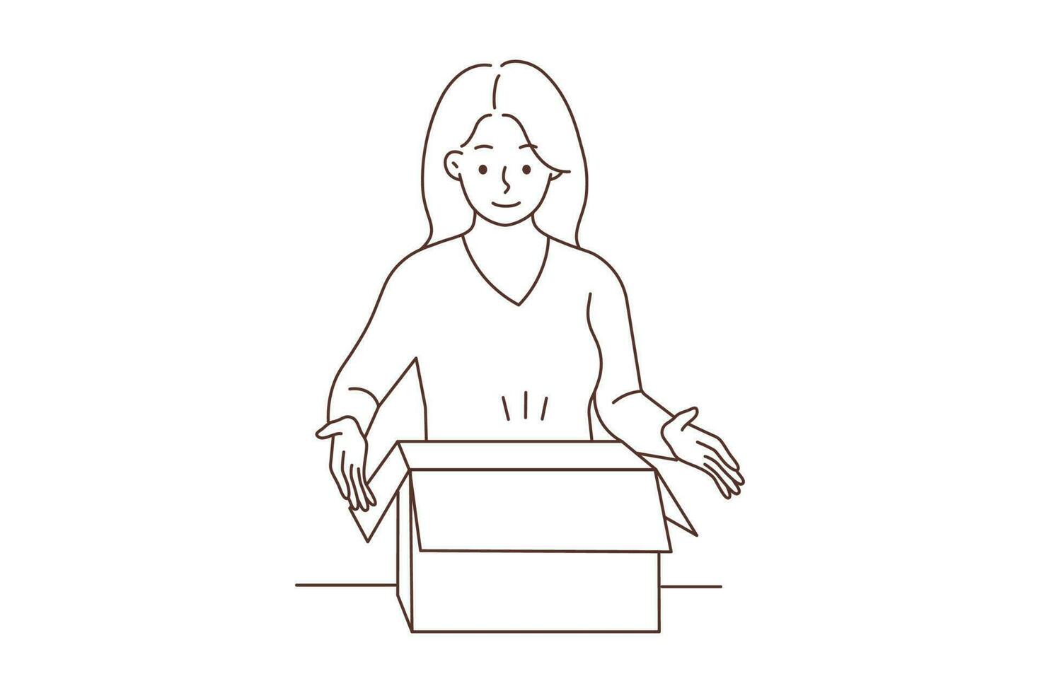 Smiling young woman unpack carton box with order. Happy female client or customer open cardboard box with online purchase. Vector illustration.