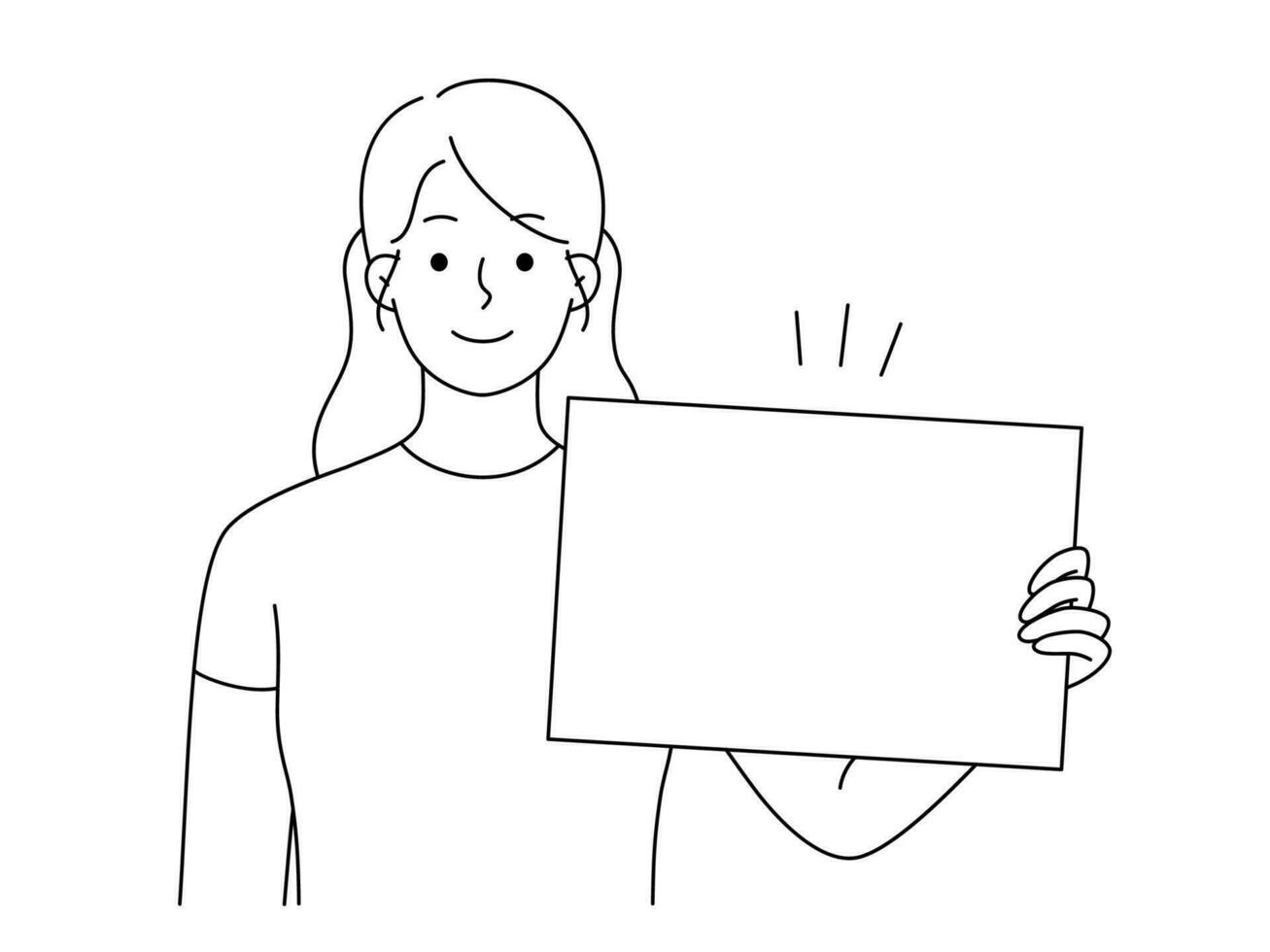 Young woman holding white mockup banner for advertising placement. Happy female with empty placard for ad. Recommendation concept. Vector illustration.