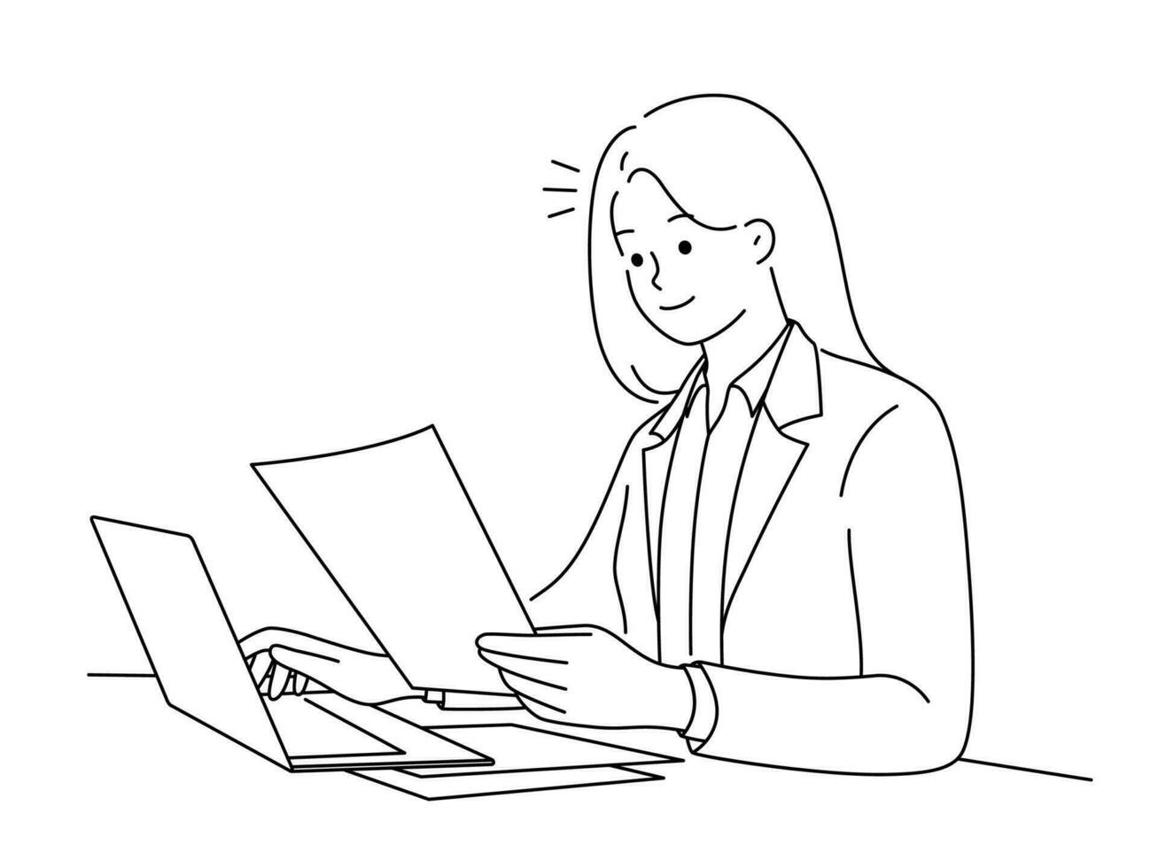 Successful businesswoman sit ta desk work on computer reading documents. Smiling young female employee busy at laptop checking paperwork in office. Vector illustration.