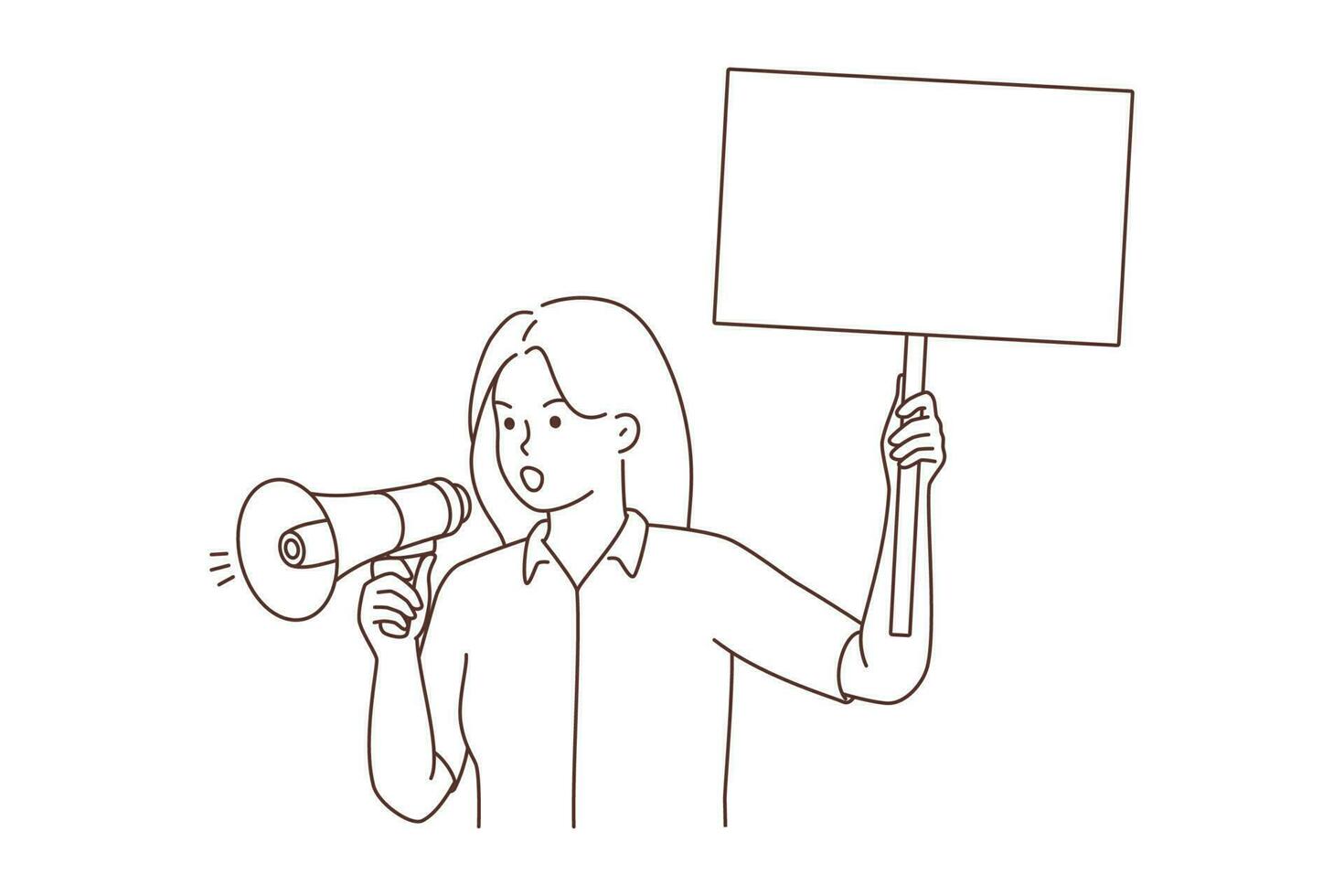 Decisive woman with placard scream in loudspeaker on street demonstration. Mad female activist with poster shout in megaphone on march or protest. Vector illustration.