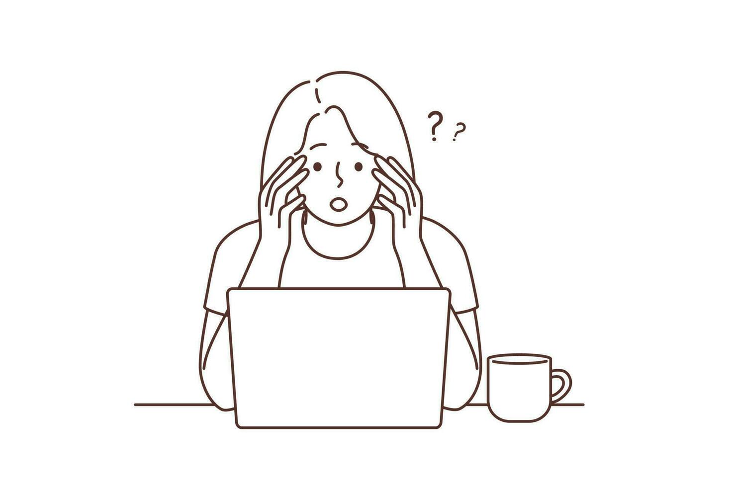 Confused woman look at laptop screen frustrated by unexpected news on internet. Stunned female shocked by unbelievable message on computer. Vector illustration.