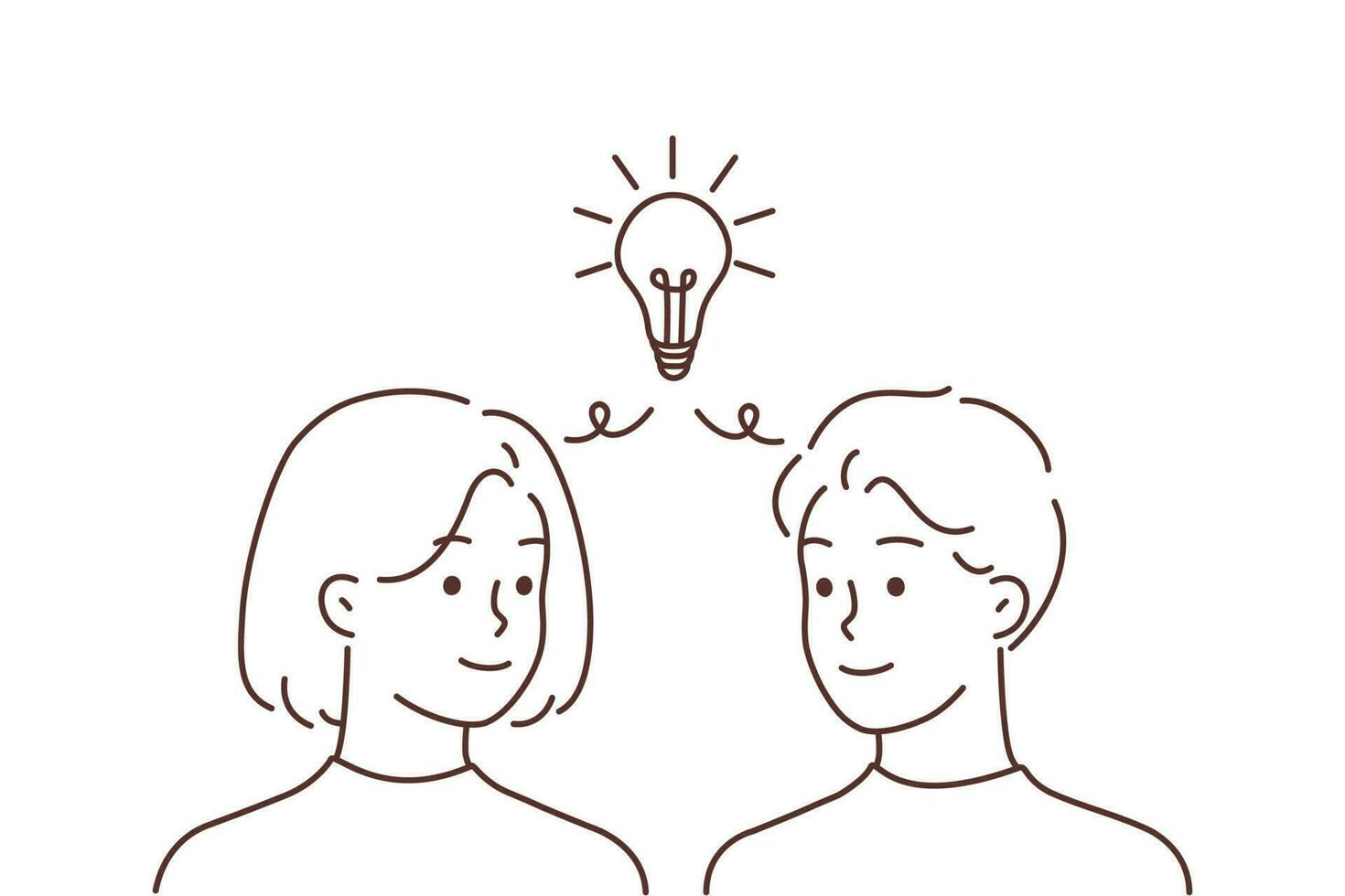 Man and woman with lightbulb above head generate business idea together. Employees team brainstorm develop problem solution. Teamwork. Vector illustration.