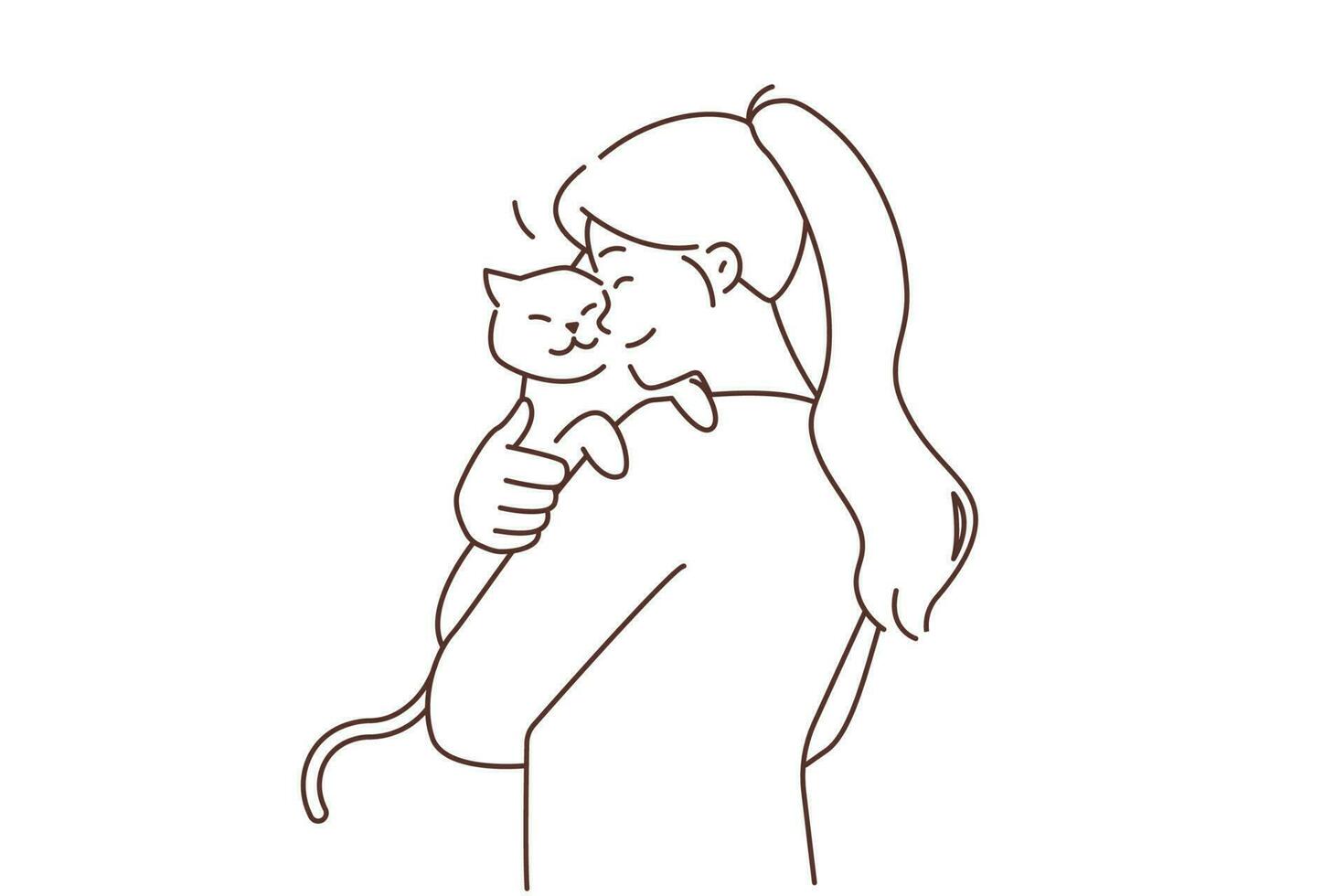 Happy young woman holding in arms fluffy cat show love and care to pet. Smiling girl cuddle kitten. Domestic animals and ownership. Vector illustration.