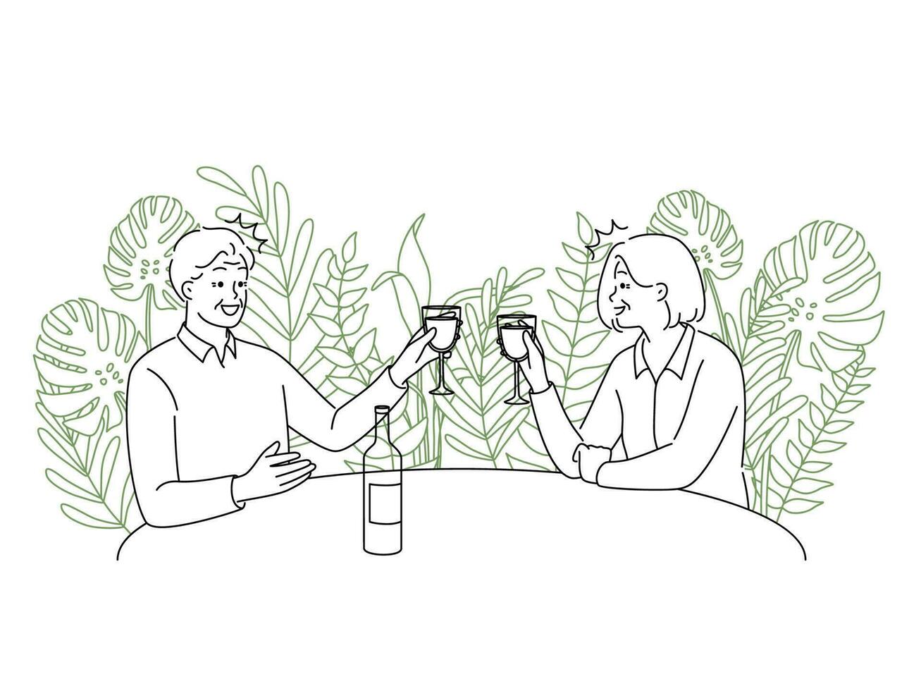 Elderly couple sitting at table drinking wine together. Smiling old man and woman enjoy date in restaurant. Love and relationships has no age. Vector illustration.