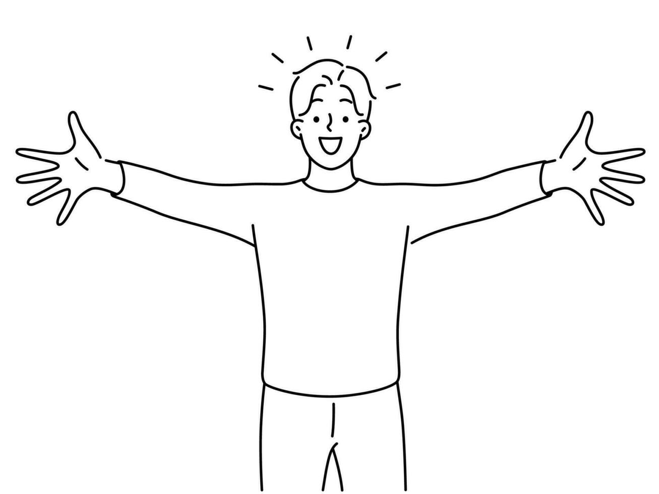 Excited young man stretch hands for hug or embrace. Smiling guy welcome or meeting someone feeling emotional. Vector illustration.