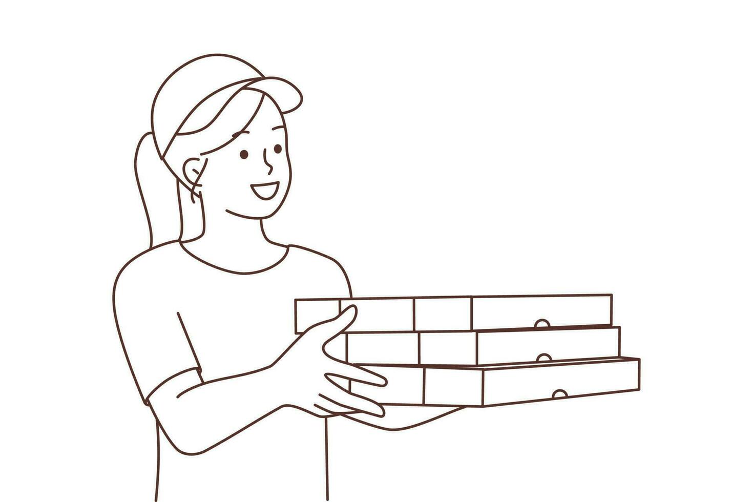 Smiling female courier with pizza boxes deliver order to customer. Happy woman with fast food go to client. Meal delivery concept. Vector illustration.