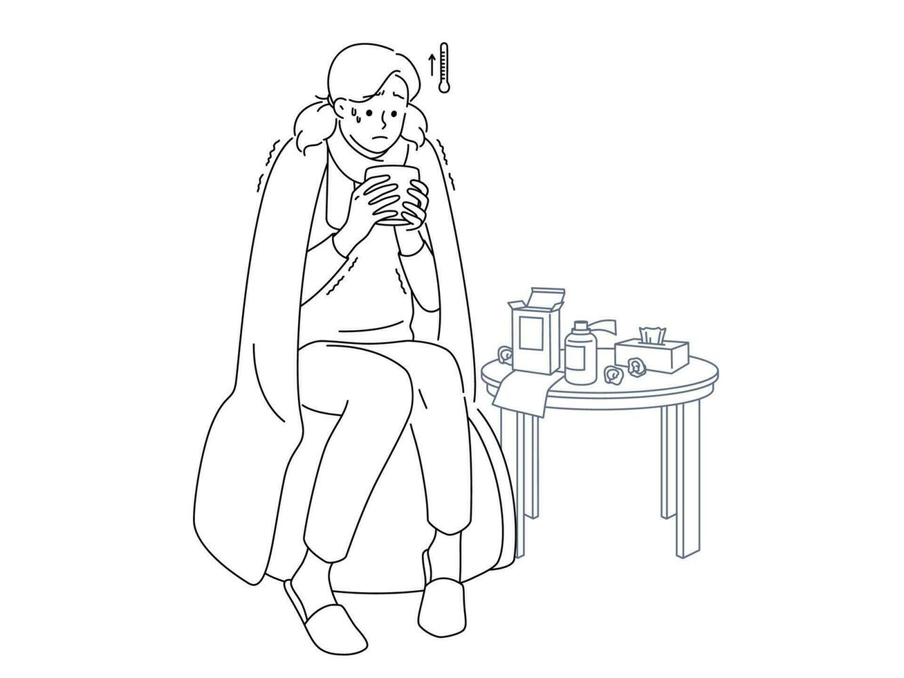 Unhealthy young woman suffer from cold drink warm tea take medications at home. Unwell sick girl struggle with influenza or covid. Medicine and healthcare. Vector illustration.