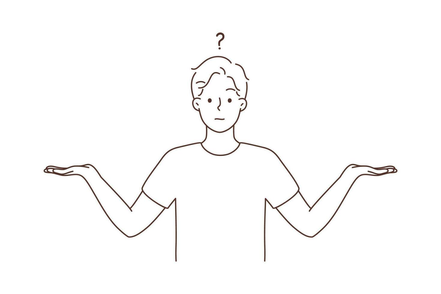 Confused man with hands as scales doubt about choice. Frustrated male make decision, have dilemma comparing options. Vector illustration.