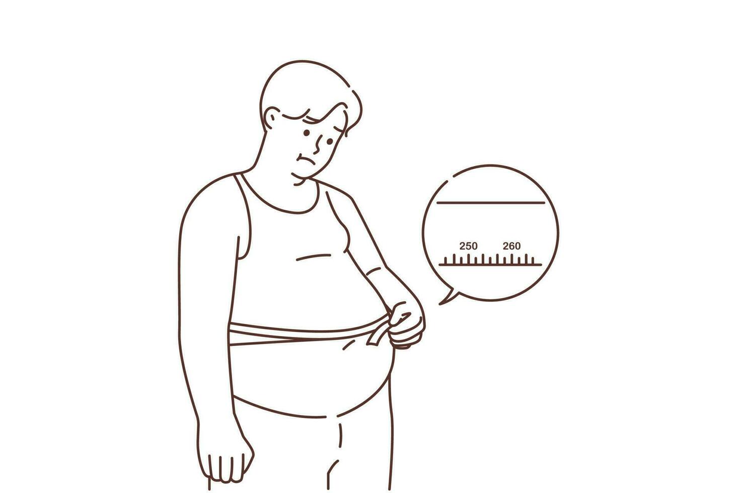 Upset fat man measure belly with tape suffer from excessive weight. Unhappy overweight male distressed with big abdomen need diet. Vector illustration.