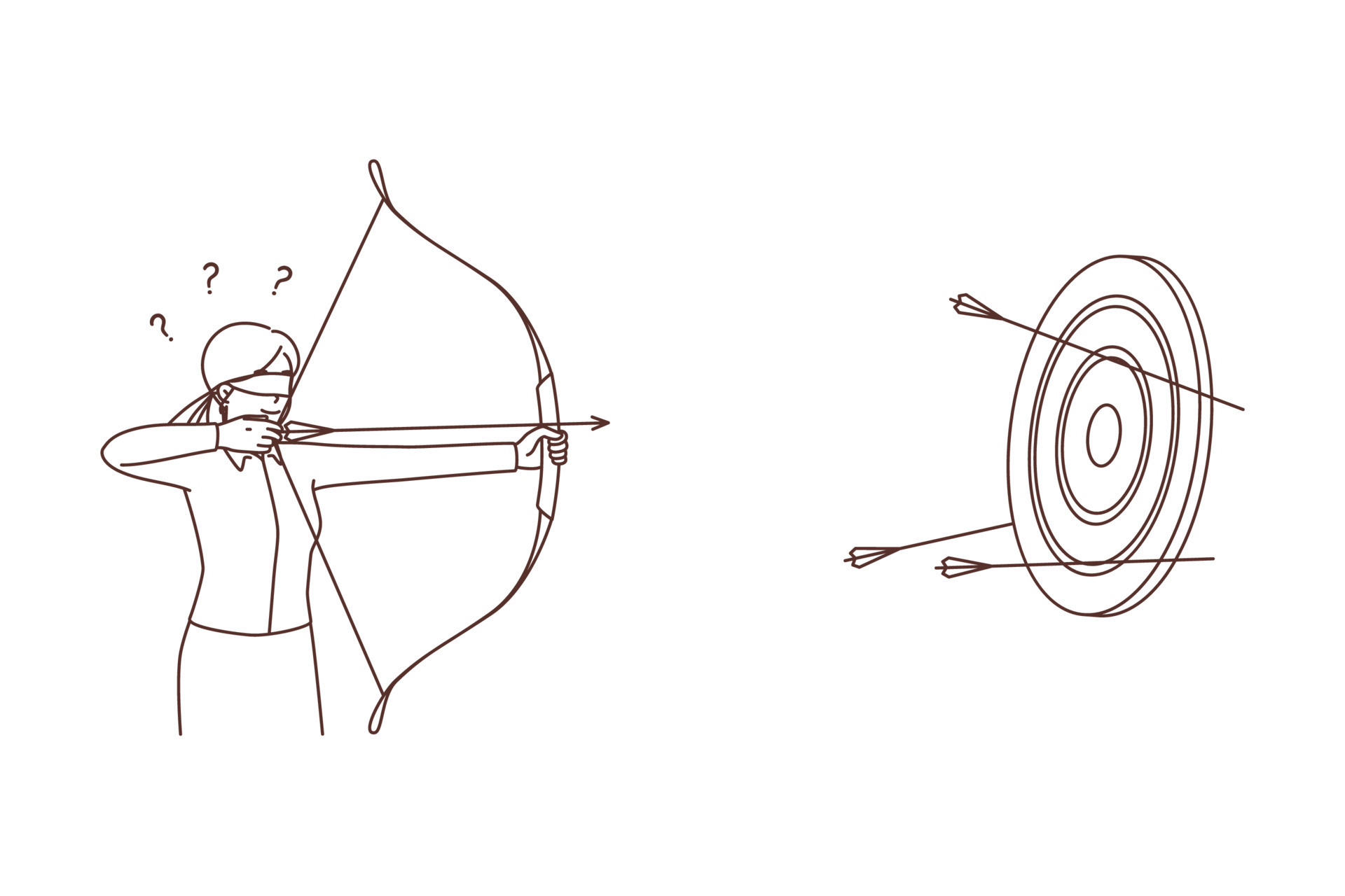 Businesswoman shooting arrows on target. Blindsided female employee aim