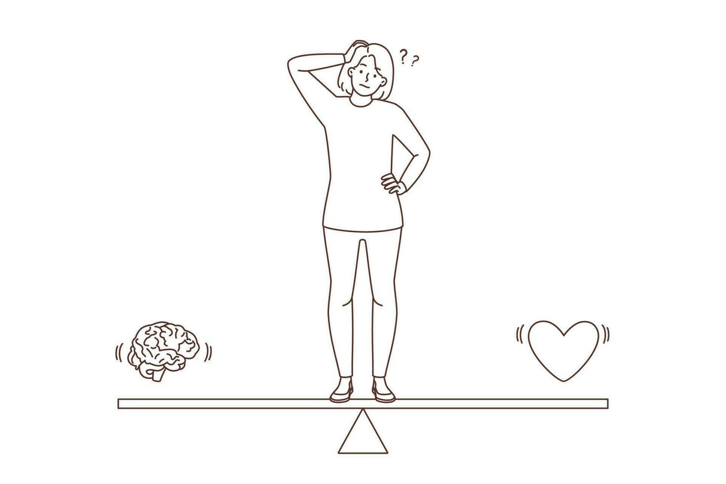 Confused woman standing on scales thinking between brain and heart. Frustrated girl make decision among reason and emotion. Feelings and logic. Vector illustration.