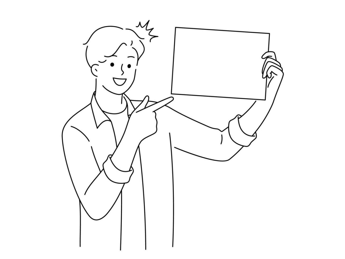 Smiling young man hold white mockup placard point at good deal or offer. Happy guy demonstrate empty banner recommend service. Vector illustration.