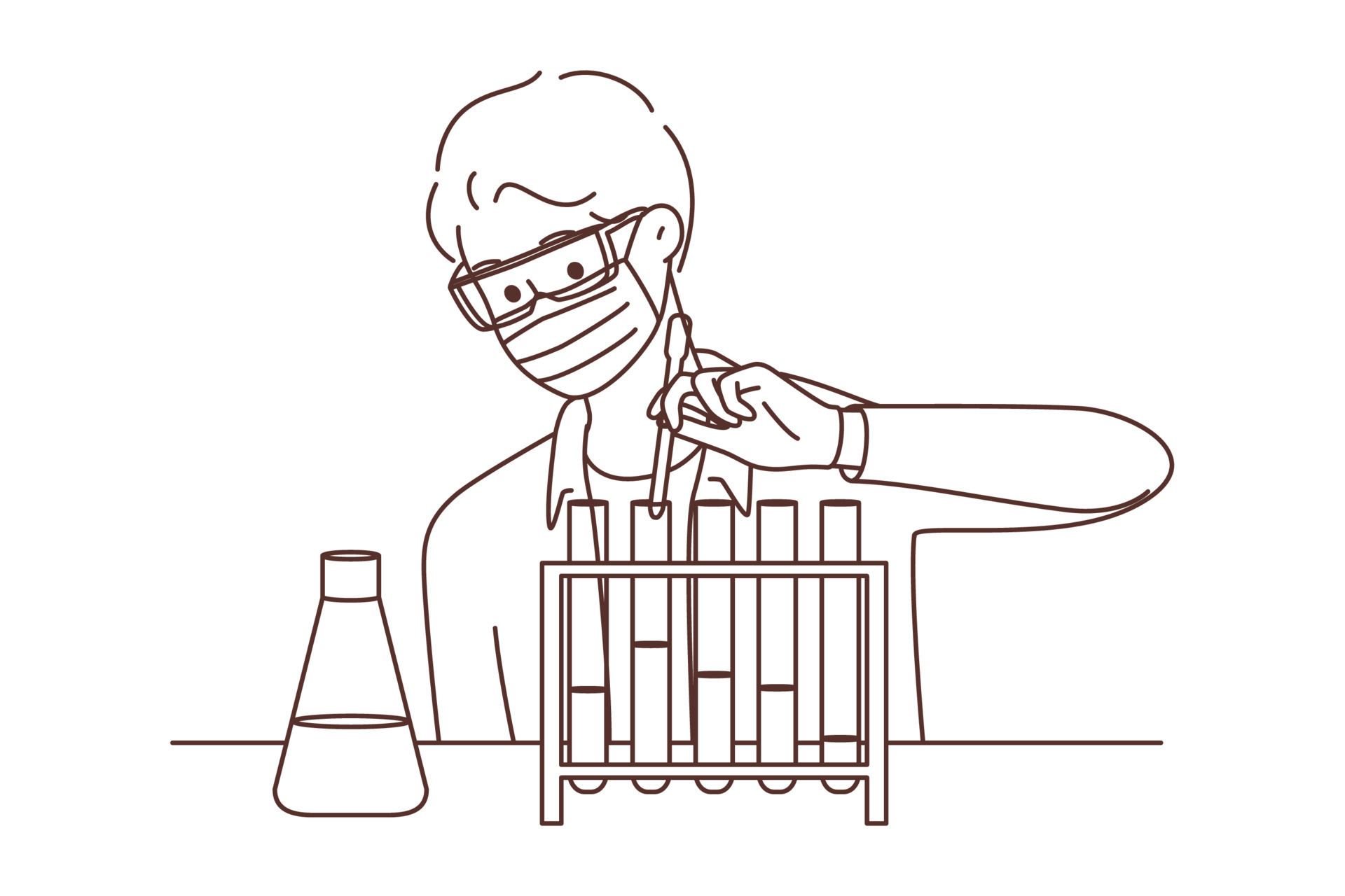 Young male scientist in face mask make experiments in lab. Man