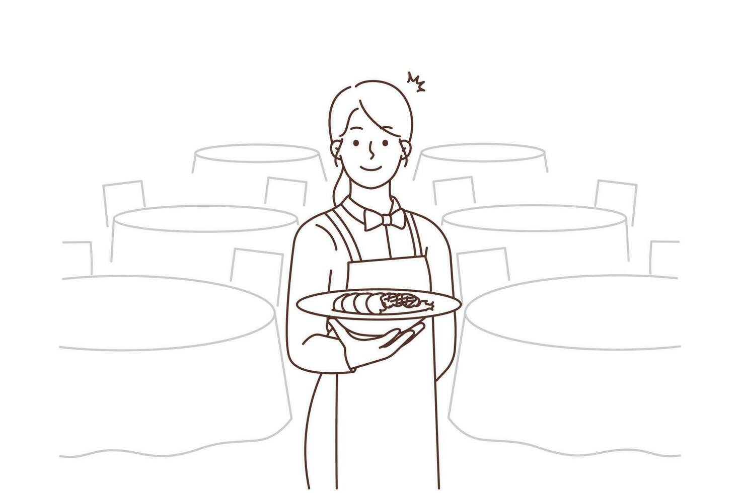 Smiling waitress in uniform serving meal in restaurant. Happy professional female waiter with food in hands serve in diner. Vector illustration.