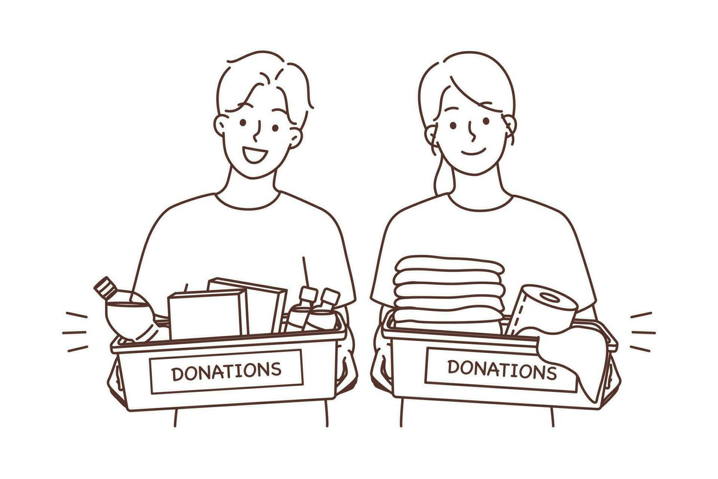 Smiling people with donations boxes. Happy volunteers holding packages with donating goods. Charity and volunteering concept. Vector illustration.