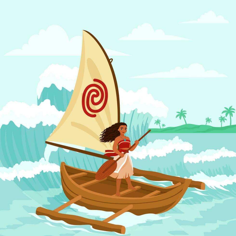 Girl Sailing at the Sea on a Boat vector
