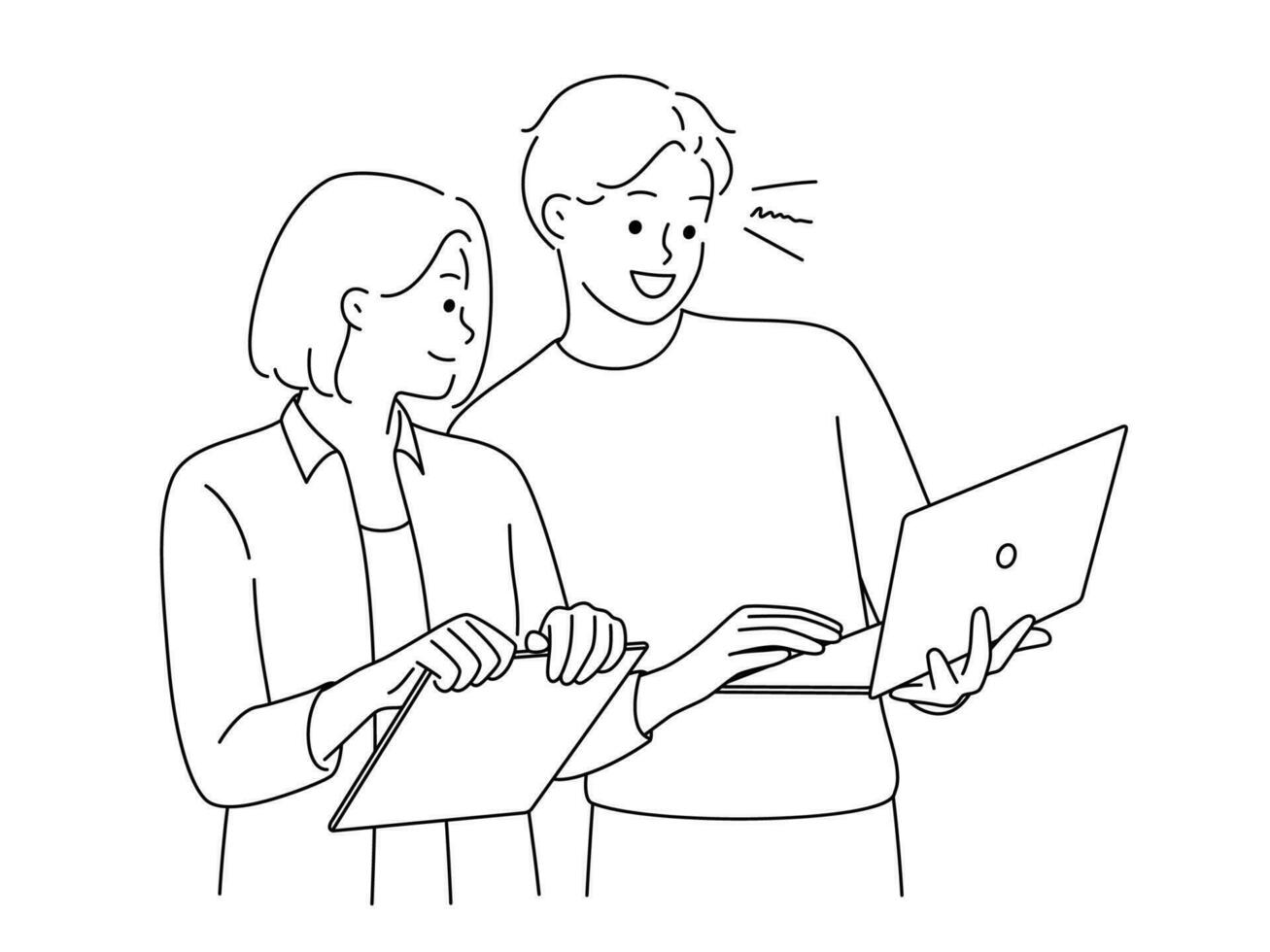 Smiling businesspeople with laptop brainstorm work together on gadget. Happy colleagues collaborate using computer. Teamwork and cooperation. Vector illustration.