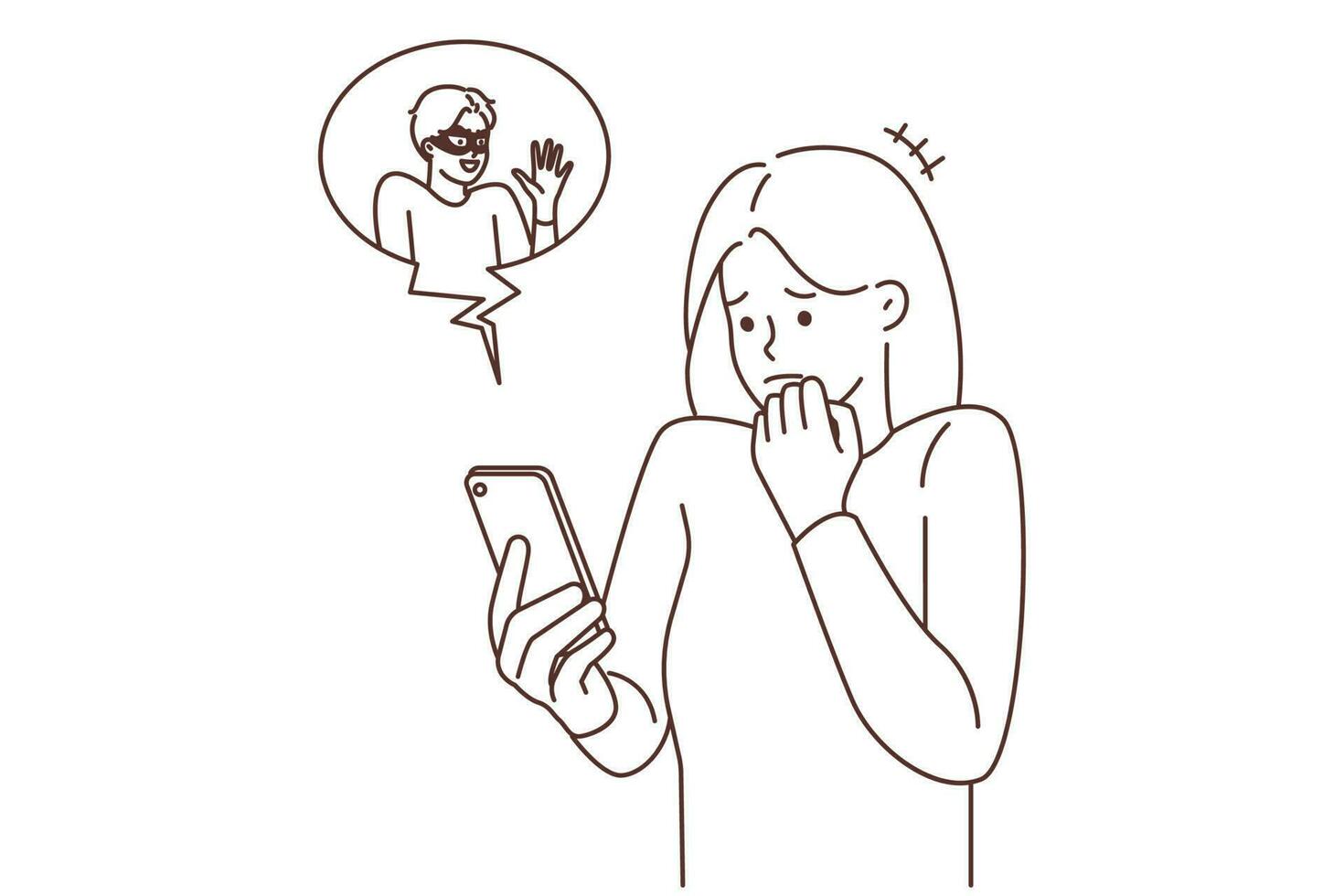 Scared woman look at cellphone screen frustrated with internet scam. Stressed girl use smartphone terrified with hacker stealing personal information. Web safety and security. Vector illustration.