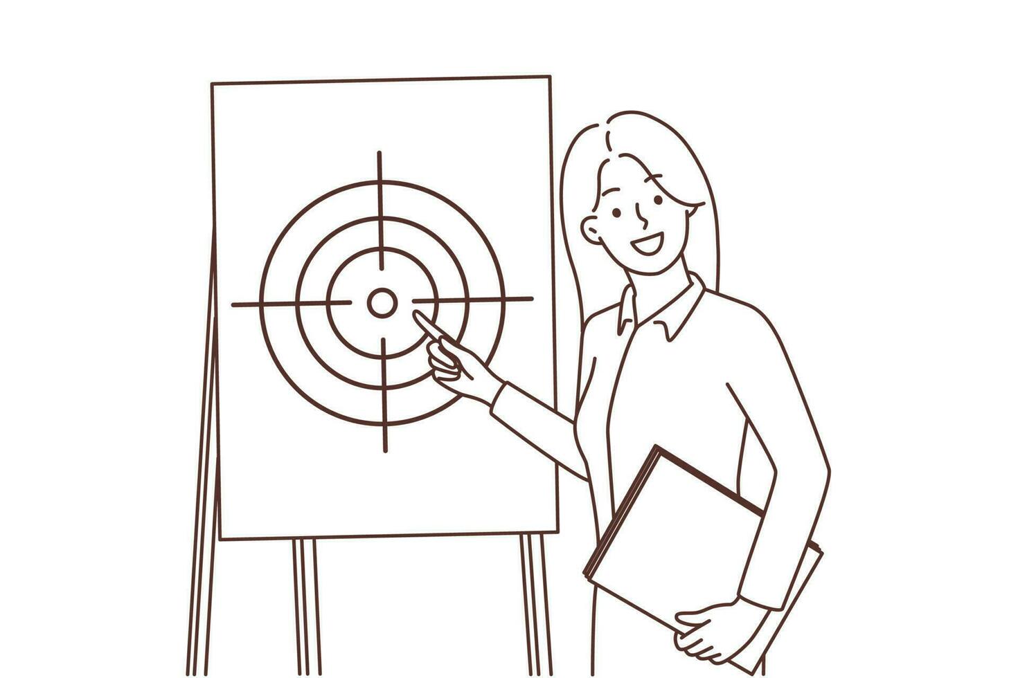Young smiling businesswoman point at target on flipchart at office meeting. Happy female employee show aim at whiteboard. Achievement and goal. Vector illustration.
