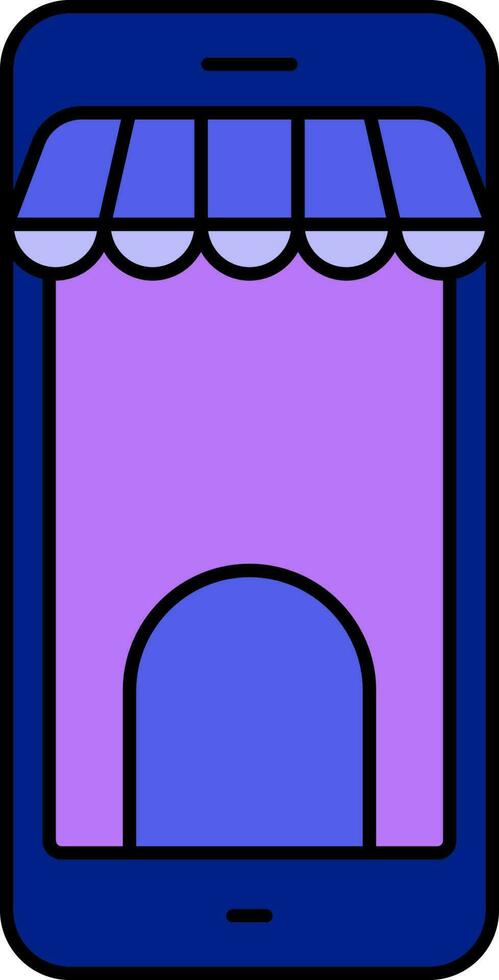 E-Shop In Smartphone Screen For Online Sale Or Shopping Blue And Purple Icon. vector