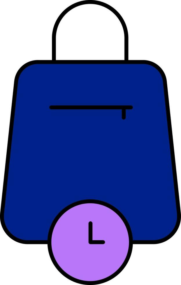 Flat Style Handbag With Clock Purple And Blue Icon. vector