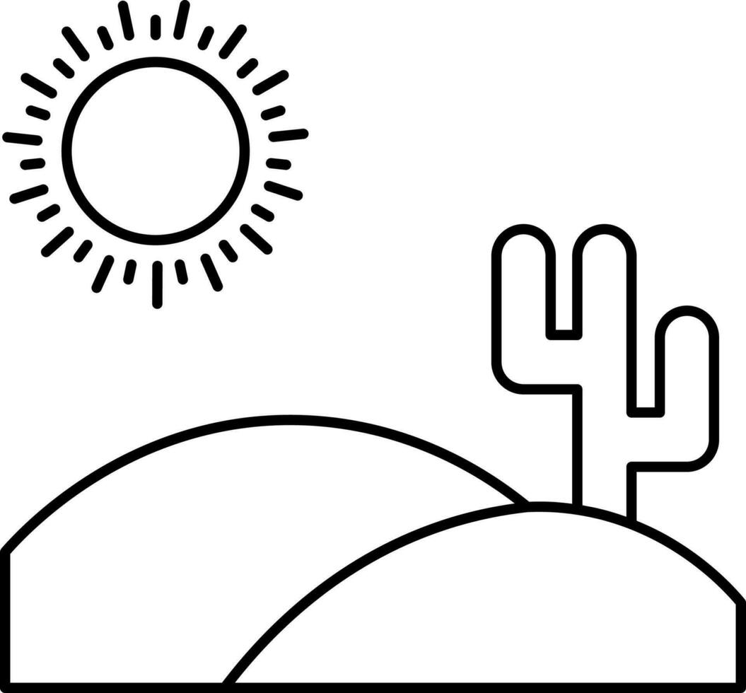 Cactus In Dessert Landscape With Sun Line art Icon. vector