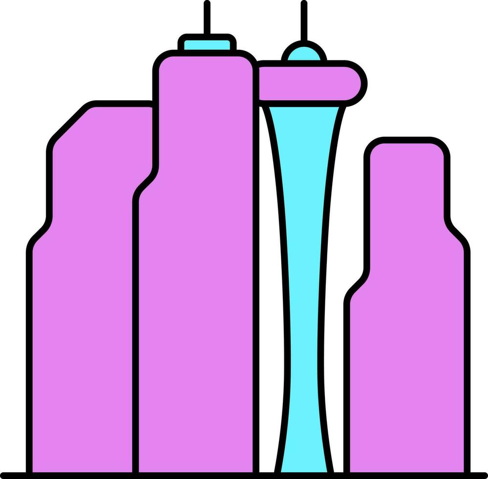 creativo ciudad edificio plano icono en rosado y azul color. vector