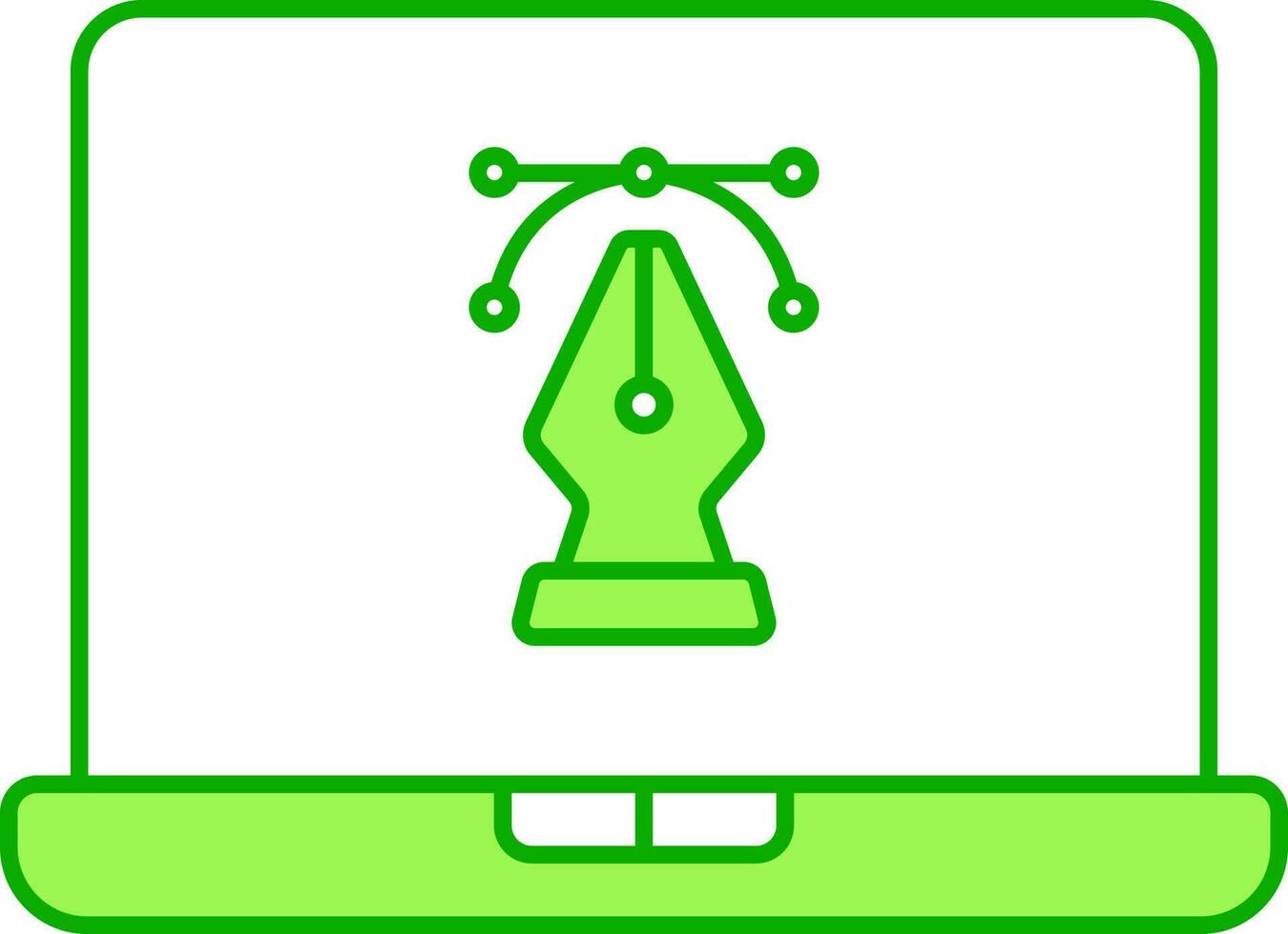 Pen Tool In Laptop Screen Green And White Icon. vector