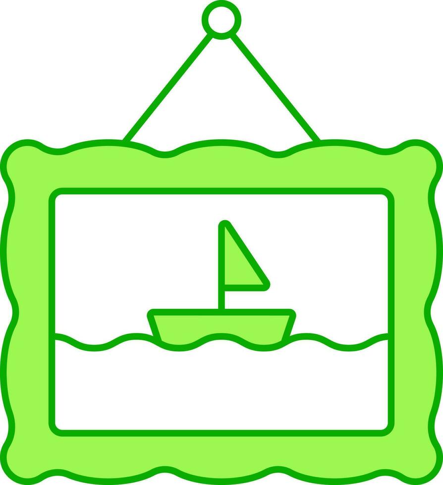 Yacht On Wave Painting Frame Hang Green And White Icon. vector