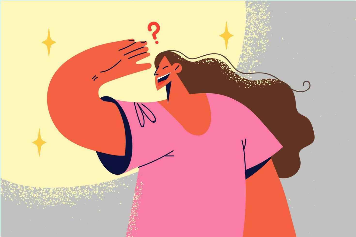 Smiling woman making hand gesture looking for new opportunities. Happy female search options and future bright possibilities over horizon. Vector illustration.