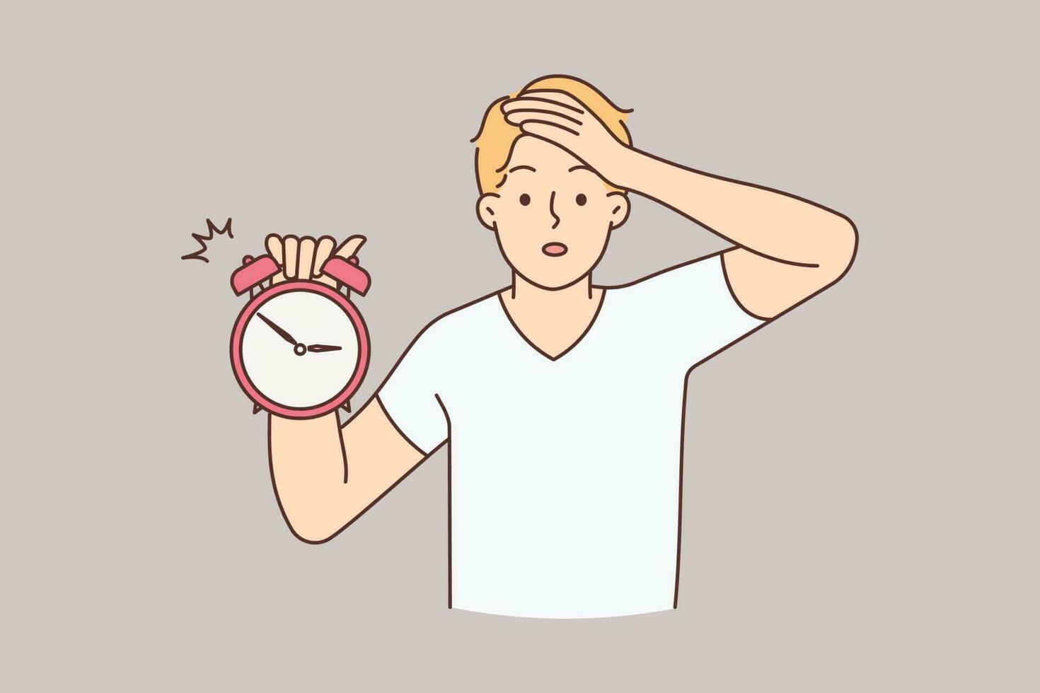 Frustrated young man hold clock show hour worried about missed deadline. Confused guy anxious about time clicking. Time management. Vector illustration.