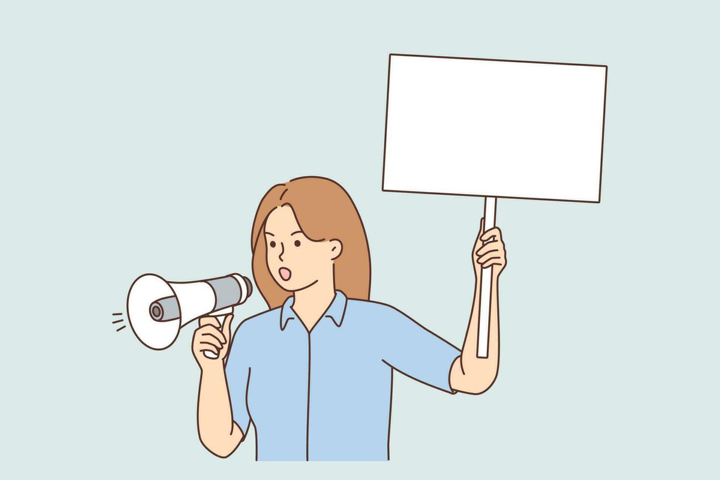 Decisive woman with placard scream in loudspeaker on street demonstration. Mad female activist with poster shout in megaphone on march or protest. Vector illustration.