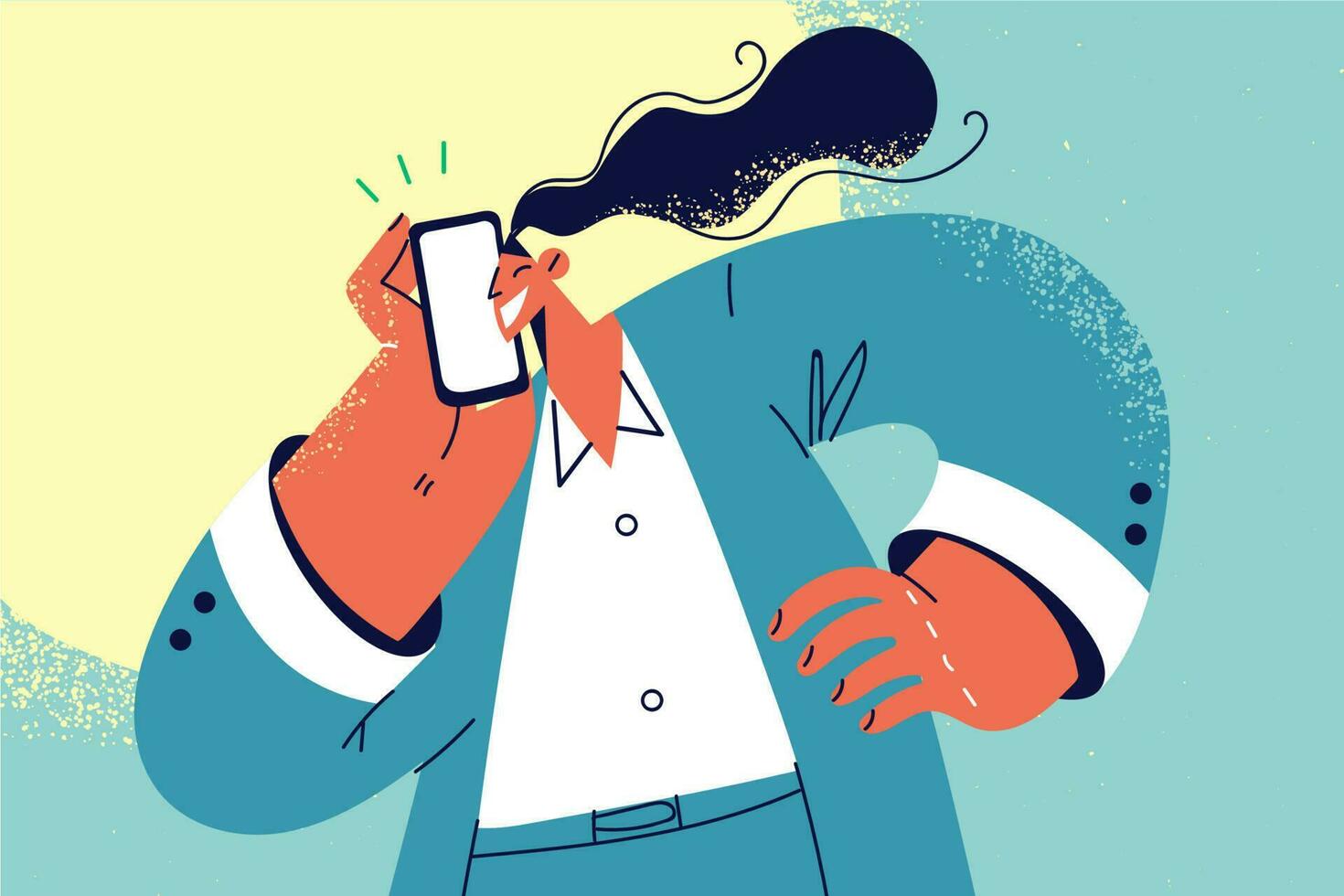 Smiling businesswoman in formalwear talking on cellphone. Happy female employee have smartphone conversation or call. Vector illustration.