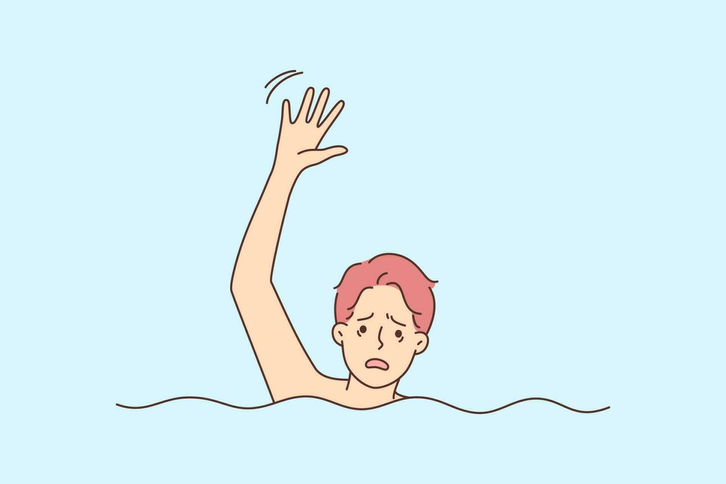 Stressed man drowning in water rise hand asking for help. Unhappy scared male beg for rescue have emergency in sea. Vector illustration.