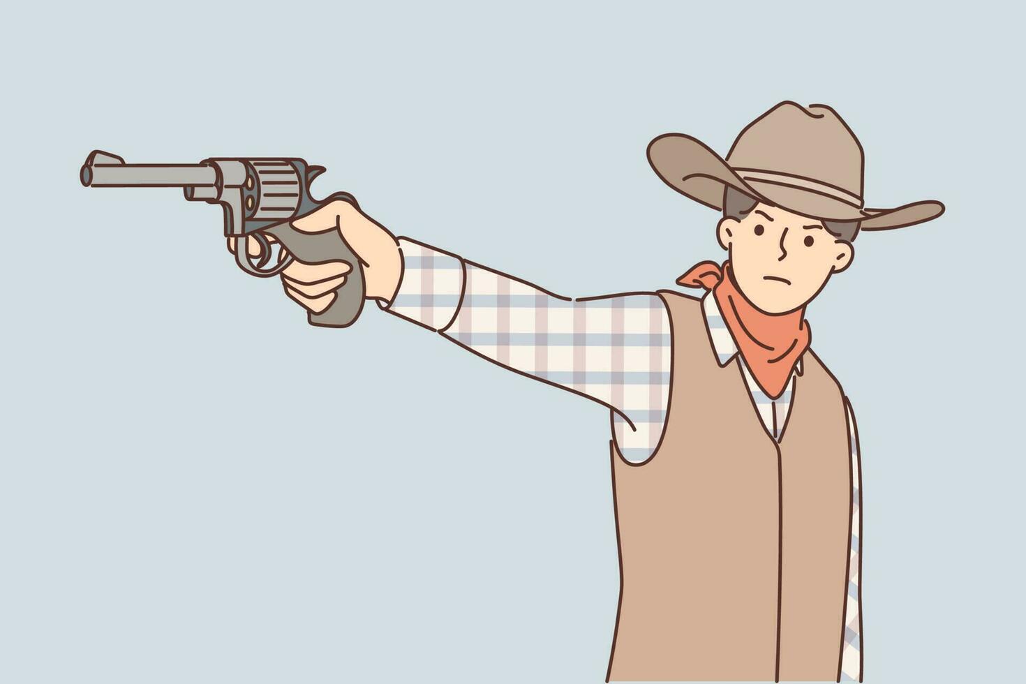 Man cowboy with revolver in hand is dressed in style of resident of wild west and aiming at offender in duel. Guy american cowboy or texas farmer with gun for self defense in wild west vector