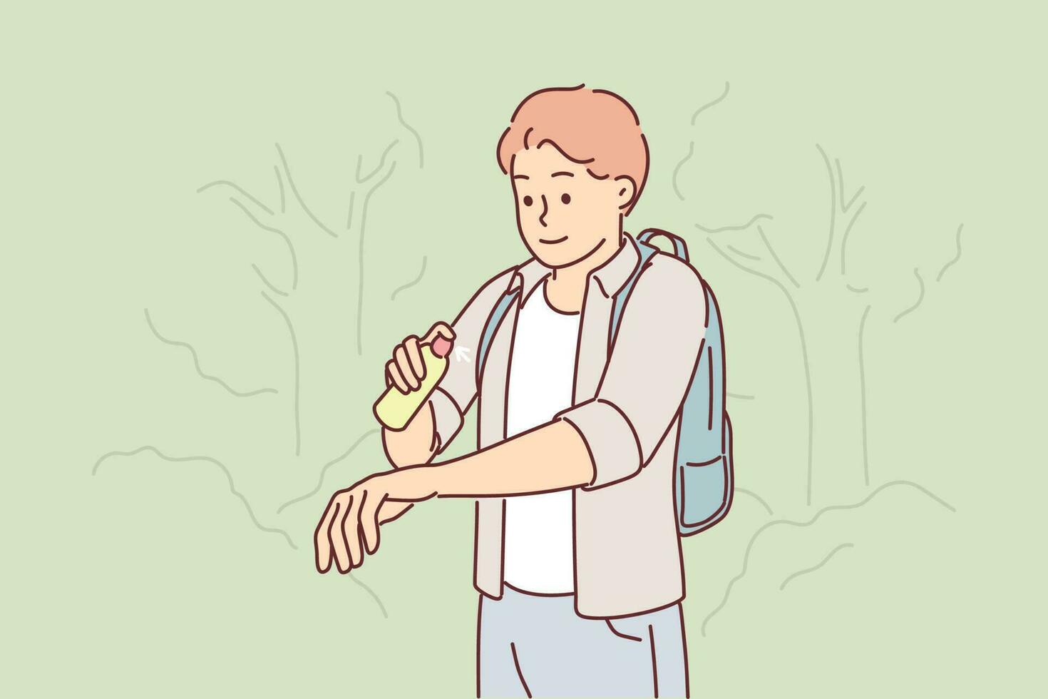 Man uses anti-maskite spray walking in forest or natural park in summer weather. Guy tourist with spray against insect bites and encefalit mites for social advertising about fight with mosquitoes vector