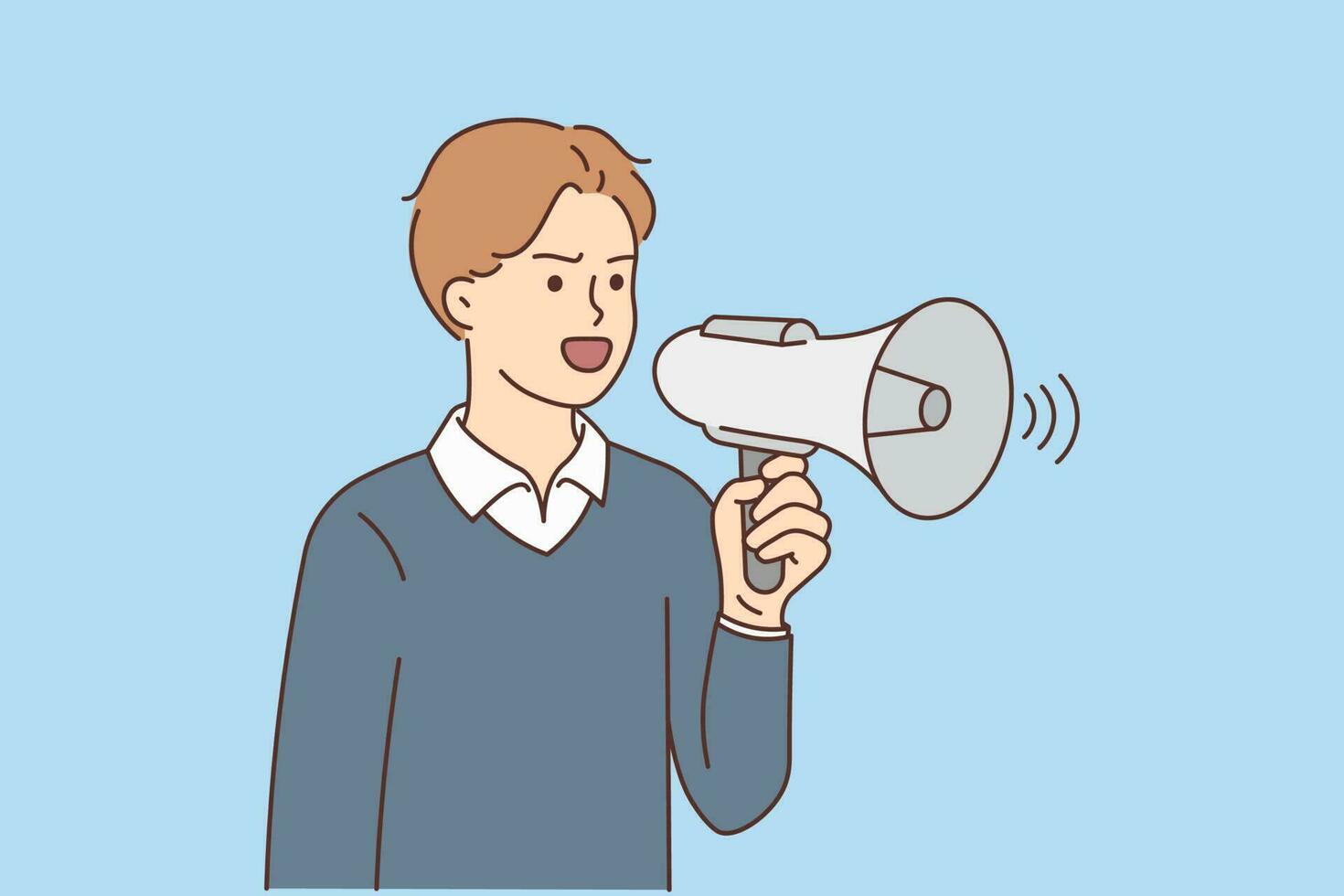 Young man with loudspeaker scream on protest or demonstration. Furious businessman shout in megaphone speak loud to audience. Vector illustration.