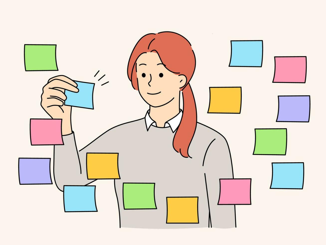 Young businesswoman working with colorful sticky notes brainstorming in office. Smiling motivated female employee think develop business project or solution. Vector illustration.