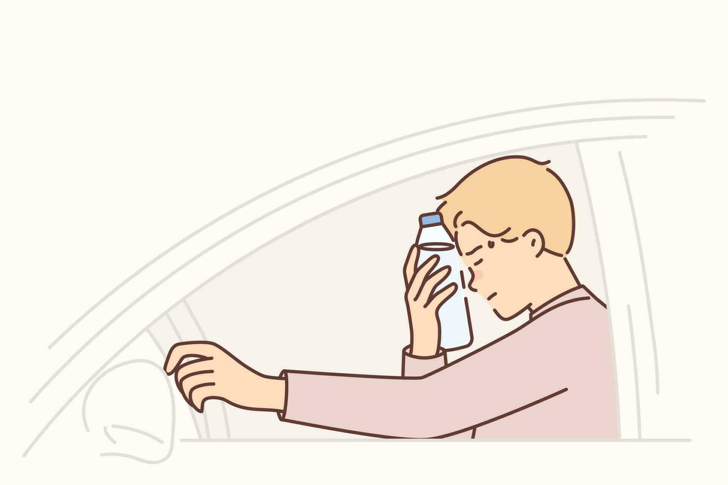 Exhausted man driver feels headache putting water bottle to forehead and closes eyes sitting behind wheel of car. Guy driver experiencing hangover or suffering from sunstroke received in traffic jam vector
