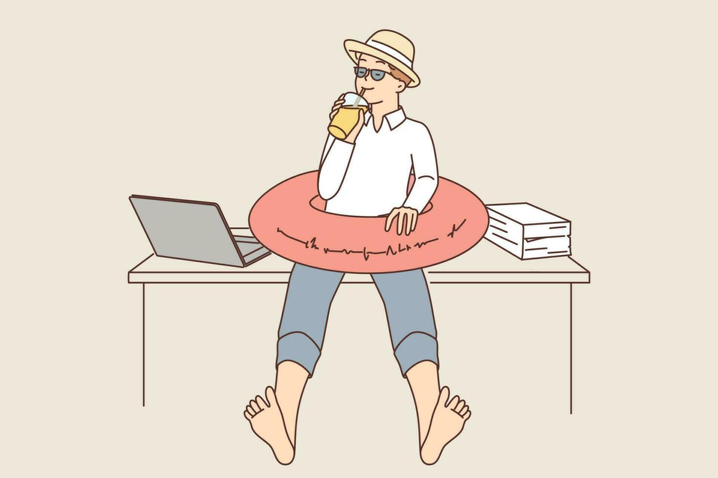 Man office worker with inflatable swimming ring and cocktail dreams of going on summer vacation sitting at workplace near laptop. Concept of planning tourist trip and summer vacation in resort vector