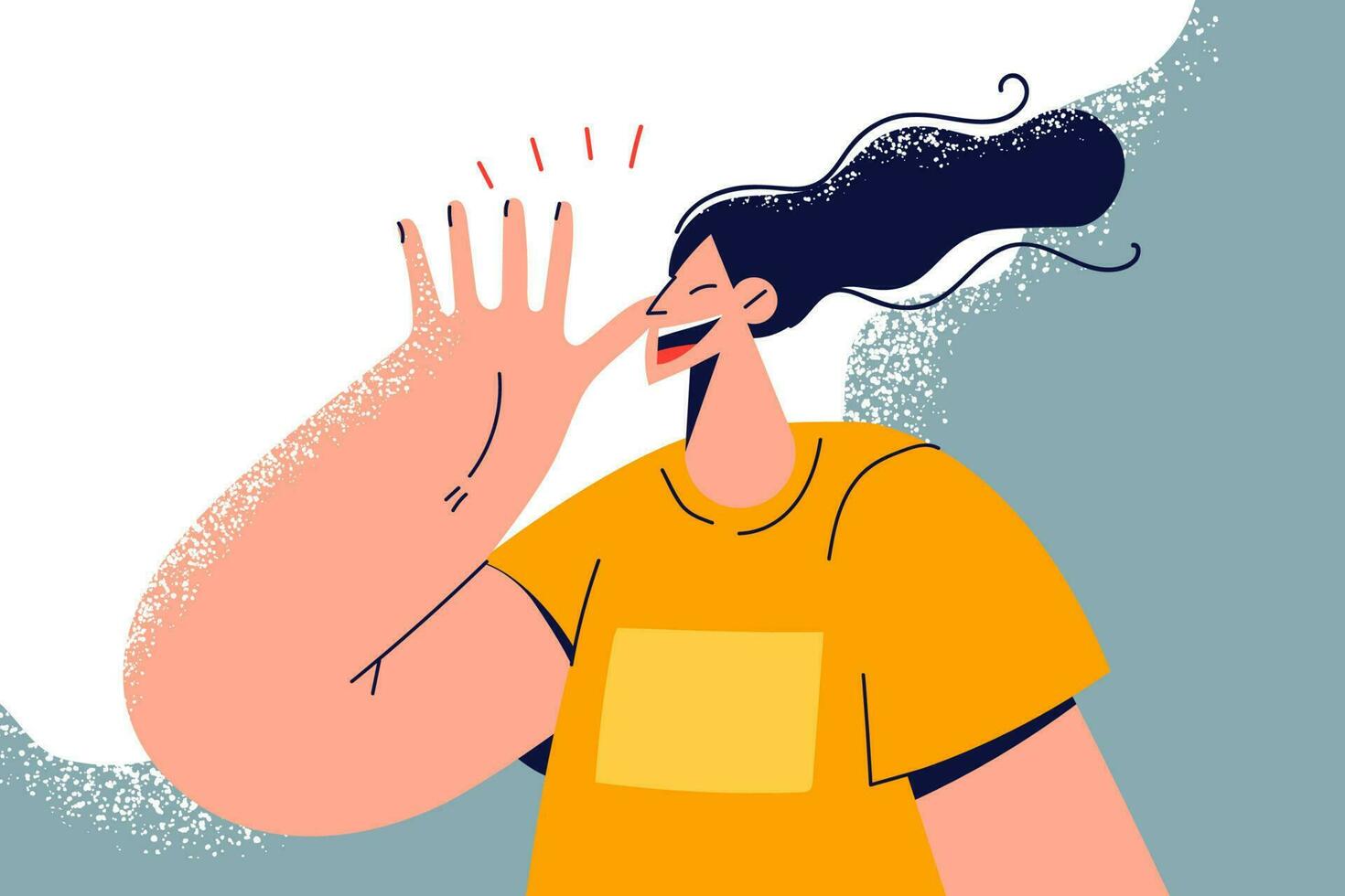 Smiling young woman waving with head saying hello. Happy girl make hand gesture talking with someone. Vector illustration.