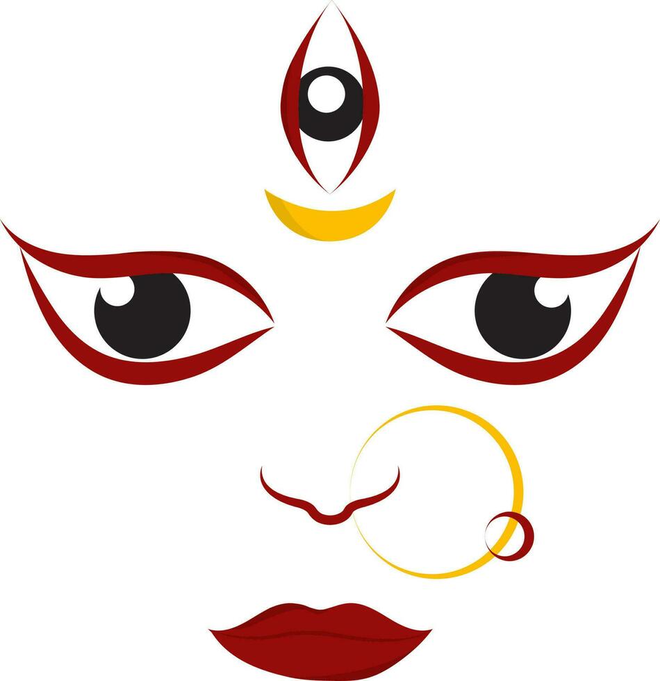 Beautiful Goddess Durga Maa Face Red And Yellow Icon. vector