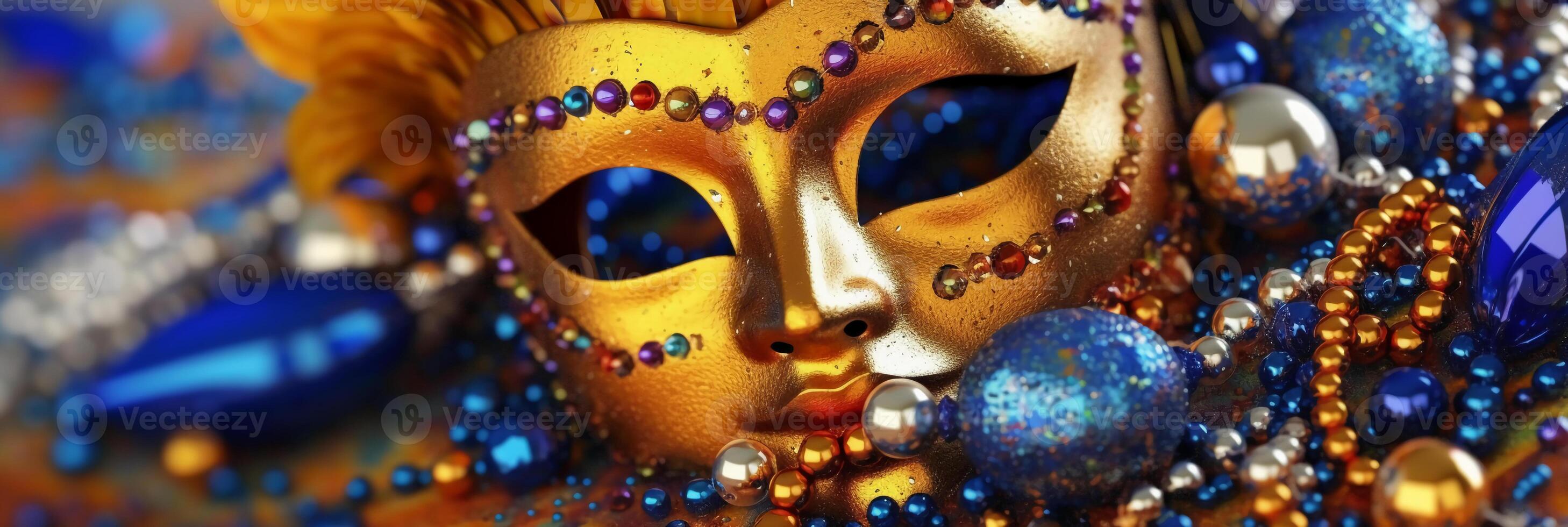 Venetian carnival mask and beads decoration. Mardi gras background. photo