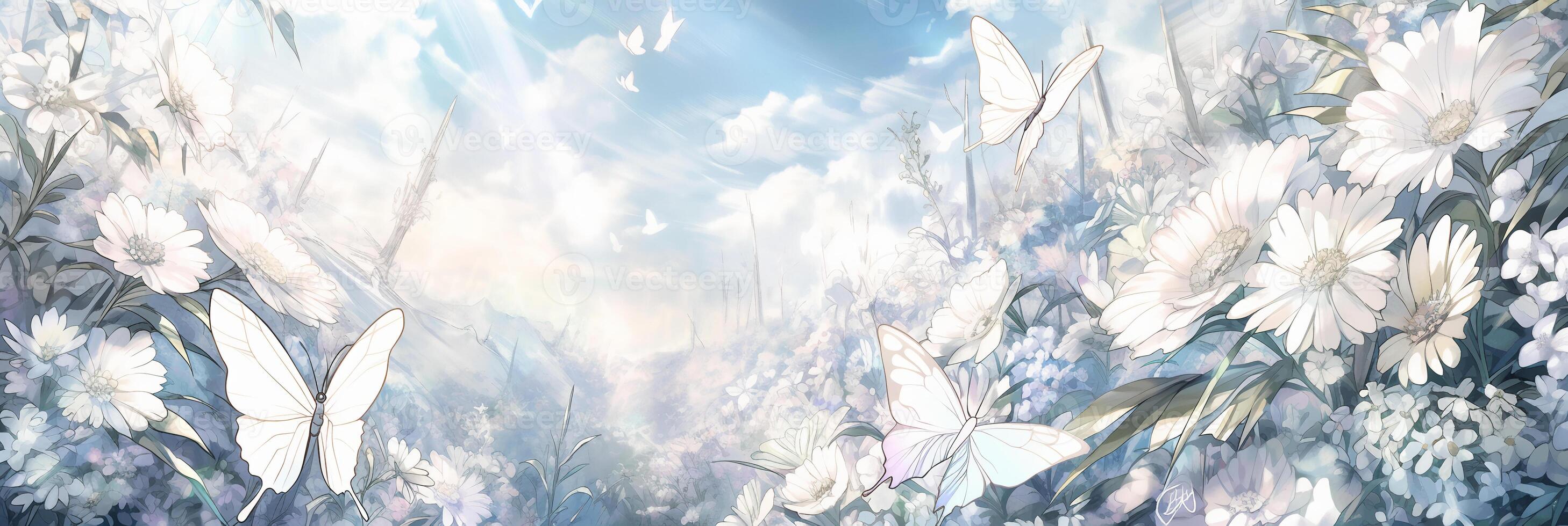 Beautiful wild flowers daisies and butterfly in morning in sunlight in spring. photo
