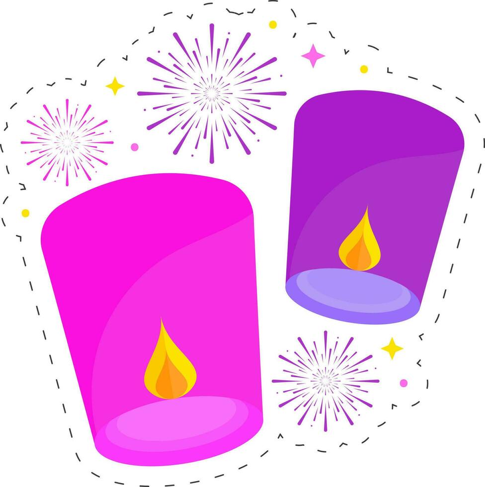 Flying Pink Burning Sky Lamp With Fireworks Background In Sticker Style. vector