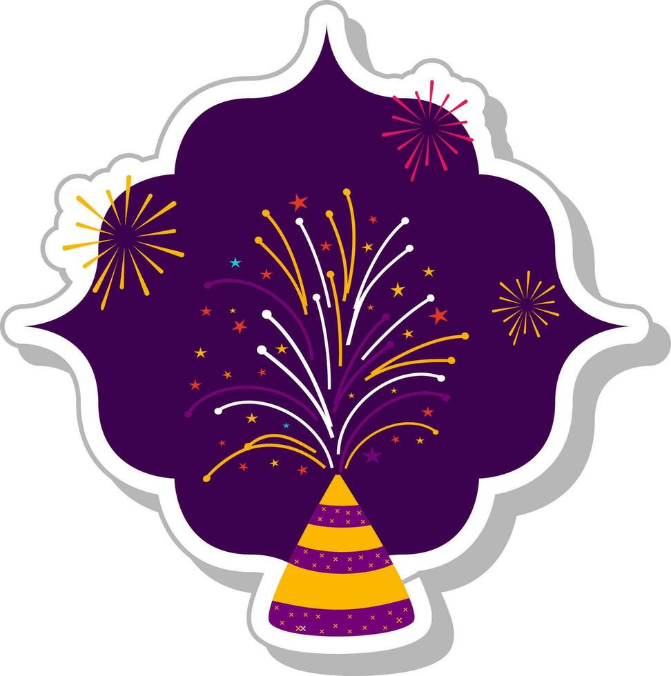 Bursting Firecracker Anar Over Colorful Fireworks Purple Background In Sticker Style. vector