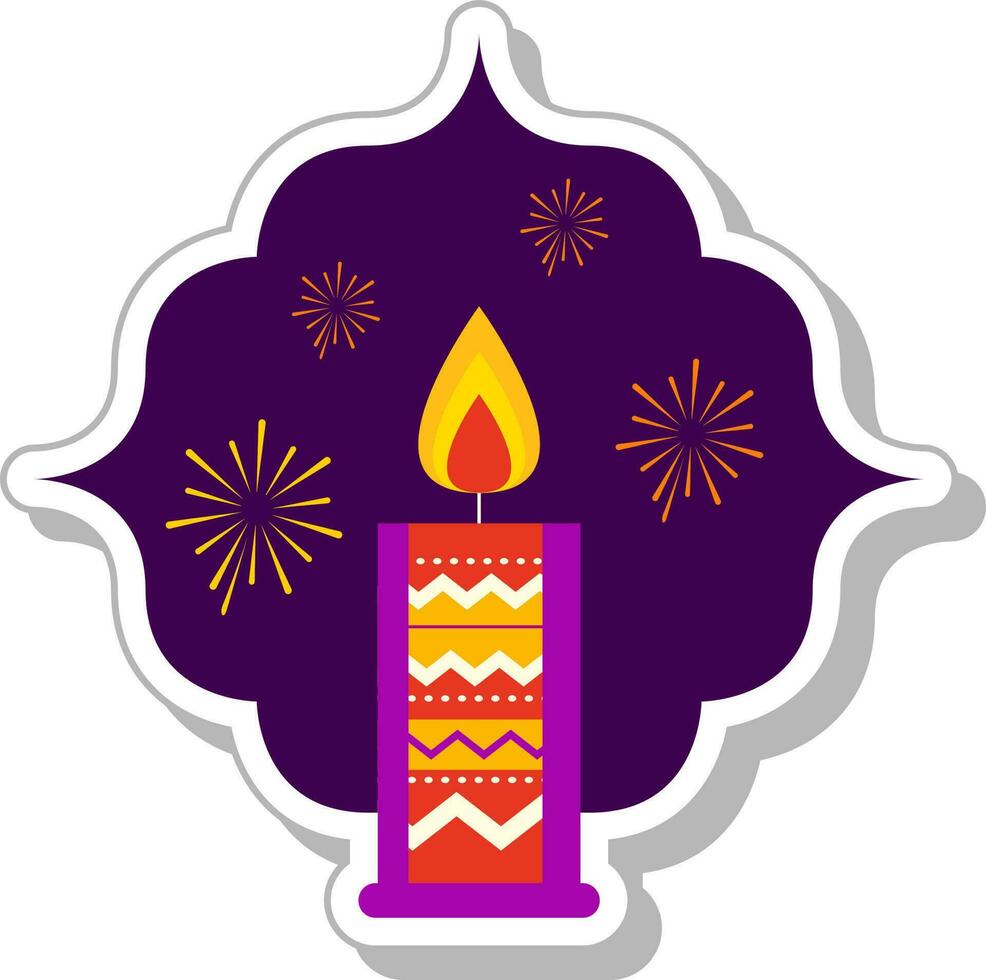 Sticker Style Burning Candle For Happy Diwali Celebration Against Purple Firework Background. vector