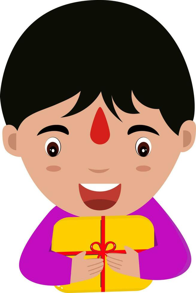 Happy Little Boy Holding Gift Flat Icon. vector