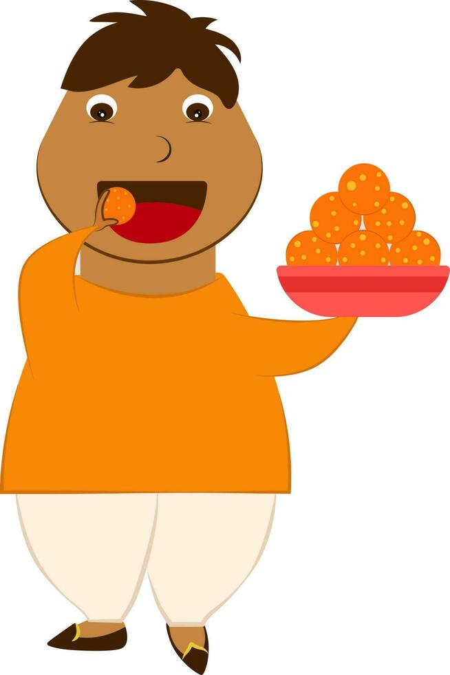 gracioso personaje de indio joven graso hombre comiendo laddu desde dulces pelota plato plano icono. vector
